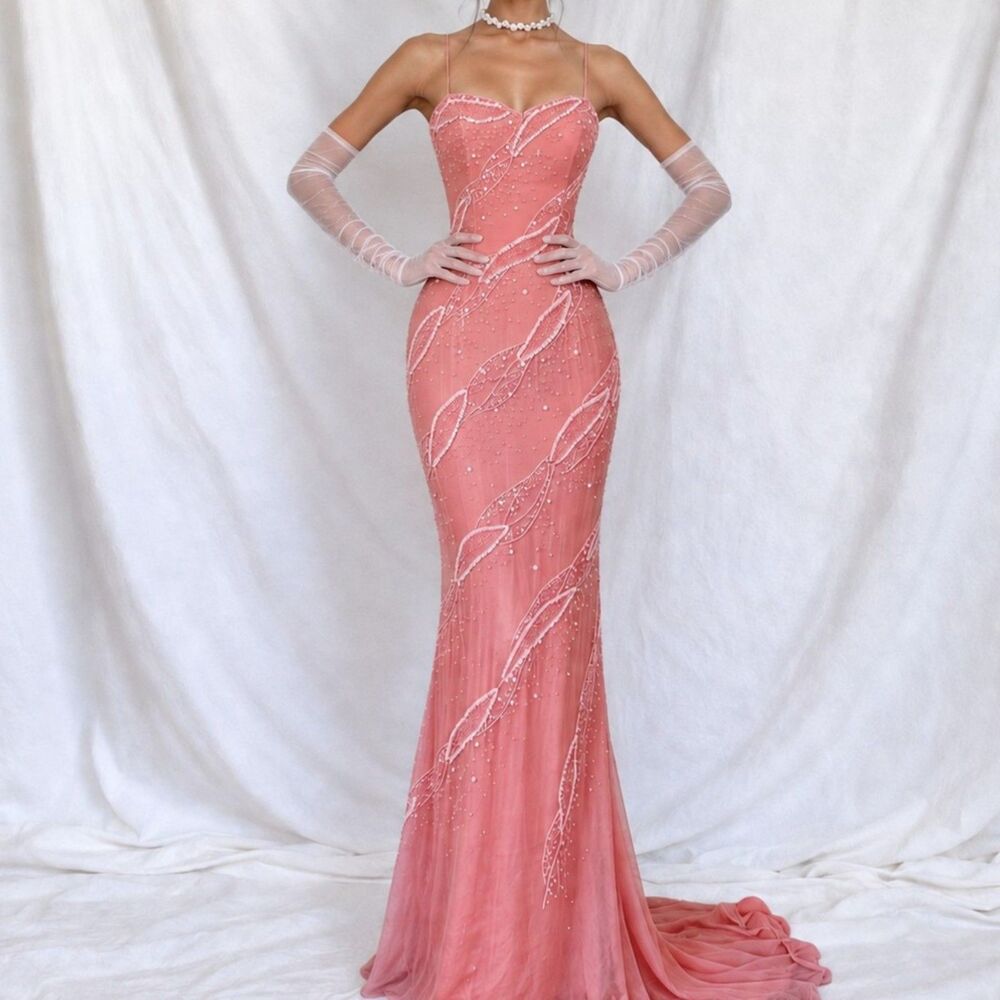 Vintage Y2K Pink Bodycon Silk Beaded Sequin Maxi Formal Prom Dress Size XS/S